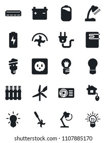 Set of vector isolated black icon - bulb vector, ripper, battery, charge, desk lamp, air conditioner, home control, socket, power plug, water heater, radiator, energy saving, windmill, idea