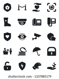 Set of vector isolated black icon - fence vector, passport control, umbrella, glove, boot, hose, heart shield, hand, protect, lock, eye id, estate insurance, intercome, home, surveillance