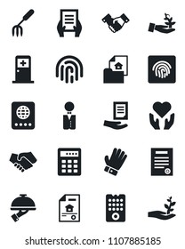Set of vector isolated black icon - passport vector, medical room, handshake, document, garden fork, glove, heart hand, fingerprint id, contract, estate, waiter, remote control, combination lock