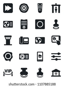 Set of vector isolated black icon - airport tower vector, security gate, stamp, remote control, fast forward, tuning, record, air conditioner, vip zone, intercome, home app, garage