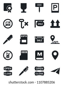 Set of vector isolated black icon - parking vector, no mobile, laptop, pen, plant label, navigation, pin, fragile, up side sign, hook, sd, sertificate, sale, menu, open close, paper plane