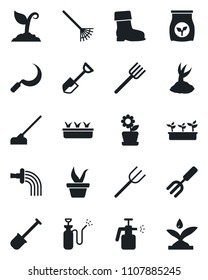 Set of vector isolated black icon - garden fork vector, shovel, farm, rake, seedling, watering, sproute, boot, hoe, sickle, sprayer, fertilizer, flower in pot, irrigation