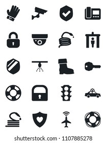 Set of vector isolated black icon - plane radar vector, security gate, alarm car, glove, boot, hose, heart shield, traffic light, lock, key, intercome, surveillance, sprinkler, crisis management