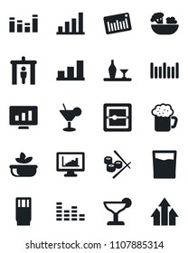 Set of vector isolated black icon - security gate vector, statistic monitor, barcode, equalizer, scanner, statistics, bar graph, alcohol, drink, cocktail, beer, salad, sushi, arrow up