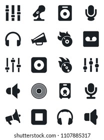 Set of vector isolated black icon - vinyl vector, flame disk, microphone, speaker, loudspeaker, settings, headphones, stop button, rec, tuning, record, sound