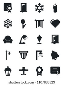 Set of vector isolated black icon - pennant vector, garden light, heart, tulip, bell, sertificate, desk lamp, cushioned furniture, restaurant table, candle, snowflake, outdoor, door, pennon