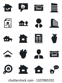Set of vector isolated black icon - office building vector, house, real heart, contract, with garage, tree, estate document, rent, sold signboard, search, agent, city, eco, home message