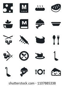 Set of vector isolated black icon - spoon and fork vector, cafe, menu, salad, waiter, bread, chicken, steak, ladle, bowl, rolling pin, sushi, cheese