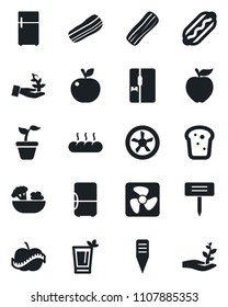 Set of vector isolated black icon - seedling vector, plant label, diet, fridge, phyto bar, salad, bacon, bread, hot dog, apple fruit, fan, palm sproute