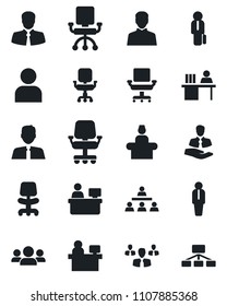 Set of vector isolated black icon - reception vector, manager, office chair, place, client, user, desk, hierarchy, estate agent, group