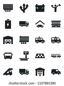 Set of vector isolated black icon - dispatcher vector, taxi, airport bus, ladder car, ambulance, route, railroad, truck trailer, delivery, heavy scales, garage, gate control, battery