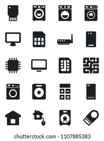 Set of vector isolated black icon - washer vector, calculator, monitor, speaker, phone back, sim, smart home, control, chip, router, usb flash