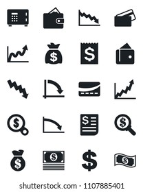 Set of vector isolated black icon - safe vector, dollar sign, money bag, crisis graph, receipt, credit card, wallet, growth, search, cash