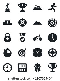 Set of vector isolated black icon - pedestal vector, medal, bike, run, heavy, clock, stopwatch, target, mountains, award cup