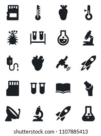 Set of vector isolated black icon - satellite antenna vector, book, blood test vial, dropper, microscope, real heart, joint, virus, sd, thermometer, rocket, flask