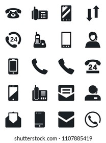 Set of vector isolated black icon - mobile phone vector, office, 24 hours, support, cell, radio, mail, call, data exchange