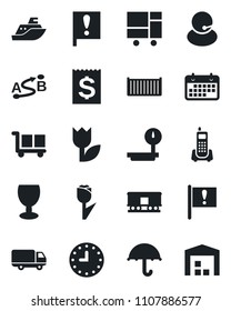 Set of vector isolated black icon - important flag vector, office phone, support, sea shipping, cargo container, car delivery, clock, term, receipt, consolidated, fragile, umbrella, tulip, route