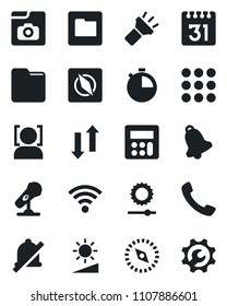 Set of vector isolated black icon - microphone vector, call, menu, calculator, stopwatch, bell, folder, calendar, data exchange, wireless, torch, mute, brightness, compass, face id, photo gallery