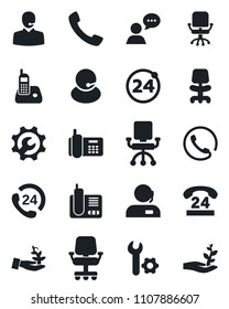 Set of vector isolated black icon - 24 around vector, office chair, phone, hours, support, speaker, radio, call, root setup, palm sproute