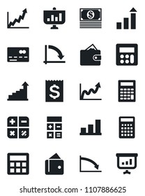 Set of vector isolated black icon - credit card vector, growth statistic, calculator, crisis graph, receipt, bar, wallet, cash, presentation