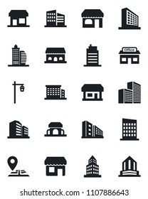 Set of vector isolated black icon - shop vector, office building, garden light, navigation, store, city house, cafe, storefront