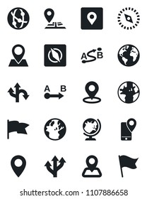 Set of vector isolated black icon - globe vector, route, navigation, earth, pin, mobile tracking, network, place tag, compass, flag