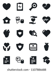 Set of vector isolated black icon - heart vector, pulse, diagnosis, blood pressure, diagnostic, shield, hand, real, medical calendar, clipboard, sweet home