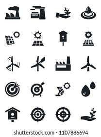 Set of vector isolated black icon - factory vector, bird house, target, sun panel, windmill, water, palm sproute