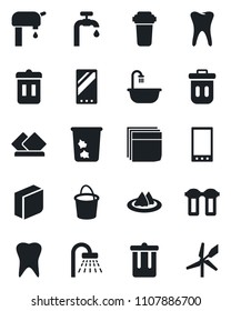 Set of vector isolated black icon - trash bin vector, shower, bucket, tooth, mobile, blank box, water supply, bathroom, serviette, filter, windmill