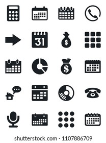 Set of vector isolated black icon - right arrow vector, calendar, circle chart, microphone, menu, calculator, phone, home message, money bag