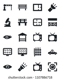 Set of vector isolated black icon - barrier vector, tv, alarm car, seat map, bench, monitor pulse, microscope, eye, torch, plan, alcove, scan