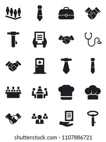 Set of vector isolated black icon - medical room vector, handshake, team, tie, document, stethoscope, meeting, cook hat, case