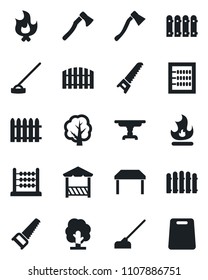 Set of vector isolated black icon - fence vector, tree, saw, fire, hoe, axe, abacus, table, alcove, cutting board