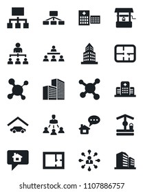 Set of vector isolated black icon - hierarchy vector, well, molecule, hospital, office building, garage, plan, home message