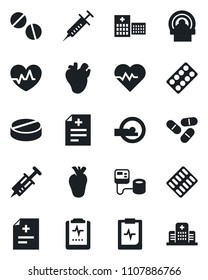 Set of vector isolated black icon - heart pulse vector, diagnosis, syringe, blood pressure, pills, blister, tomography, real, clipboard, hospital