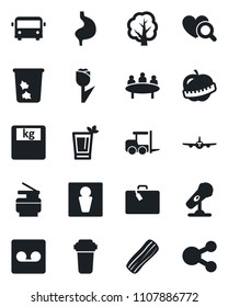 Set of vector isolated black icon - suitcase vector, airport bus, trash bin, male, fork loader, plane, meeting, tree, heart diagnostic, scales, stomach, diet, tulip, microphone, record, copier