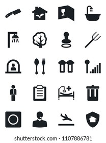 Set of vector isolated black icon - arrival vector, spoon and fork, trash bin, reception, stamp, manager, farm, tree, hospital bed, record, cellular signal, clipboard, support, bathroom, wine card
