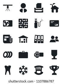 Set of vector isolated black icon - case vector, garden sprayer, tooth, fragile, warehouse, news, video camera, group, mail, paper binder, tray, estate agent, children room, air conditioner, plates