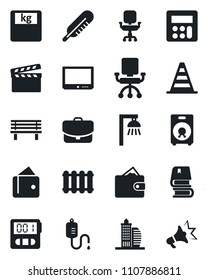 Set of vector isolated black icon - border cone vector, bench, dropper, thermometer, scales, clapboard, tv, speaker, calculator, stopwatch, office chair, book, building, radiator, outdoor lamp, case