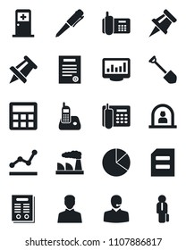 Set of vector isolated black icon - reception vector, medical room, pen, document, drawing pin, job, factory, office phone, radio, user, calculator, monitor statistics, pie graph, support, point