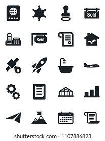 Set of vector isolated black icon - passport vector, stamp, plane, greenhouse, satellite, term, clipboard, bar graph, office phone, rent, sold signboard, bathroom, eco house, police, gear, rocket