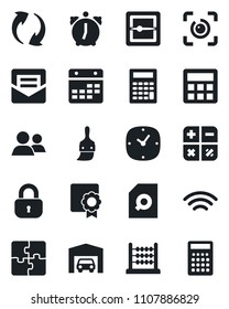 Set of vector isolated black icon - calculator vector, group, update, themes, clock, alarm, mail, scanner, calendar, wireless, eye id, application, sertificate, document search, abacus, garage, lock