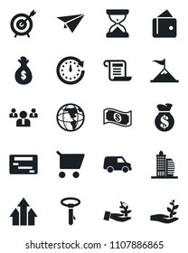 Set of vector isolated black icon - team vector, office building, target, arrow up graph, palm sproute, motivation, wallet, money bag, clock, earth, cart, cash, car, paper plane, schedule, contract