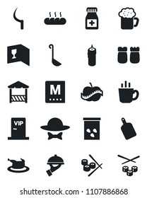 Set of vector isolated black icon - sickle vector, seeds, pills bottle, diet, wine card, menu, coffee, beer, waiter, salt and pepper, bread, candle, vip zone, dress code, alcove, chicken, ladle