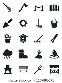 Set of vector isolated black icon - fence vector, flower in pot, trowel, farm fork, rake, bucket, sproute, boot, saw, water drop, sun, rain, axe, bench, fireplace, bird house, alcove