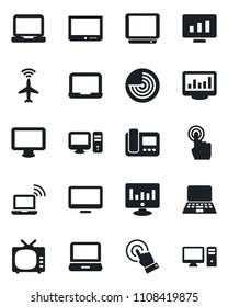 Set of vector isolated black icon - plane radar vector, wireless notebook, pc, statistic monitor, tv, touch screen, laptop, statistics, intercome