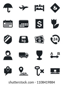 Set of vector isolated black icon - navigation vector, plane, cash, 24 hours, support, mobile tracking, car delivery, term, receipt, fragile, umbrella, no hook, tulip, shield, heavy, flammable, rack