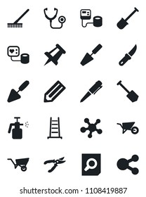 Set of vector isolated black icon - document search vector, pen, drawing pin, job, pencil, trowel, shovel, rake, ladder, wheelbarrow, pruner, garden knife, sprayer, stethoscope, blood pressure