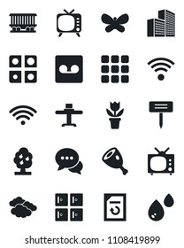 Set of vector isolated black icon - clouds vector, checkroom, document reload, flower in pot, butterfly, plant label, railroad, tv, dialog, menu, record, application, office building, fruit tree