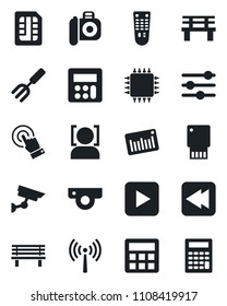 Set of vector isolated black icon - antenna vector, garden fork, bench, barcode, camera, remote control, touch screen, play button, rewind, tuning, calculator, sim, face id, chip, web, usb flash